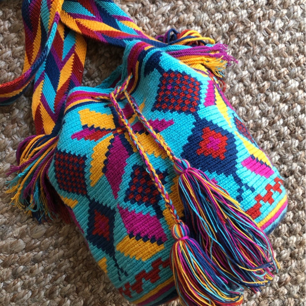 New: Wayuu Mochila Tasseled Cotton Drawstring Bucket Bag - Picture 6 of 12